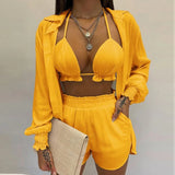 Zjkrl  -  Summer Sexy Bikini Three-piece Set Women's Printed Long Sleeve Shirt Sling Elastic Waist Shorts Beach Party