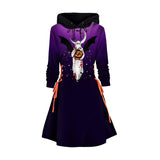 Women Gothic Hooded Dress Slight Stretch Sweatshirt Dresses Cat Hat Moon Print Tie Long Sleeve A-Line Mini Casual Dress