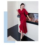 Zjkrl  -  Elegant Midi Red Mermaid Dress Women Autumn Korean Sexy V-neck Irregular Sequins Dress Vintage Casual Evening Party Dress