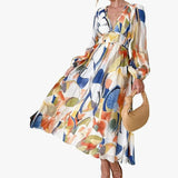 ZJKRL  -  New Autumn Long Sleeved Pleated Party Dress Casual High Waist Holiday Maxi Dress Ladies V-neck Floral Print Bohemian Dress