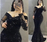 ZJKRL  -  Black Sequins Evening Dresses Customized Off The Shoulder Long Sleeves Elegant Formal Night Party Gown Vestido De Noche