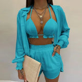 Zjkrl  -  Summer Sexy Bikini Three-piece Set Women's Printed Long Sleeve Shirt Sling Elastic Waist Shorts Beach Party