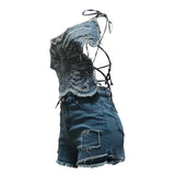 ZJKRL  -  New Denim Jeans Shorts Set Strap Sleeveless Bandage Summer Street Sexy Two 2 Piece Set Outfit Tracksuit