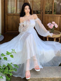 Zjkrl - Elegant Holiday Beach Dresses Summer Women Solid White Puff Sleeve Slash Neck Off Shoulder Korean Fashion Chiffon Dresses