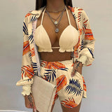 Zjkrl  -  Summer Sexy Bikini Three-piece Set Women's Printed Long Sleeve Shirt Sling Elastic Waist Shorts Beach Party