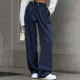 ZJKRL  -  Navy Blue Retro Striped Casual Wide Leg Pants New Fashionable and Versatile Women's Trousers