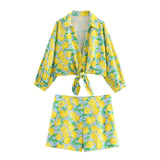 Zjkrl  -  Lemon Printed Cotton Linen Women's Summer Shorts Set Casual Bowknot Shirt Short Matching Set New Fruit Print Suit