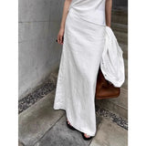 Zjkrl  -  New Vintage White Linen Maxi Skirt Straight Cotton High Waisted Split Casual Long Skirts for Women Office Lady Summer Skirt