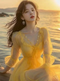 New Yellow Chiffon Elegant Women Long dress 2024 Summer Sweet  Beach Vacation Romantic Fairy Beach Dress