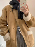 Zjkrl  -  Winter Fashion Brown Patchwork Faux Fur Velvet Cotton Jacket Women Long Sleeve Single-sided Warm Lapel Coat Female Casual Trend