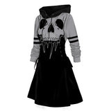 Women Gothic Hooded Dress Slight Stretch Sweatshirt Dresses Cat Hat Moon Print Tie Long Sleeve A-Line Mini Casual Dress