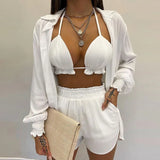 Zjkrl  -  Summer Sexy Bikini Three-piece Set Women's Printed Long Sleeve Shirt Sling Elastic Waist Shorts Beach Party