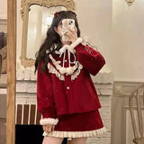 Zjkrl  -  Christmas Red Jacket Japanese Soft Girl Doll Neck Cute Thickened Coat 3 Piece Set Shirt Female Winter Sweet Girl Skirt Slim Fit