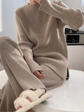 Zjkrl  -  Two Piece Set Pullover Sweater Knit Tracksuit Women High Waist Wide Leg Straight Pants Suit Harajuku Spring Autumn Clothes