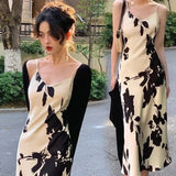 Ink style Printing Slip Dress summer Dress 2024 New National Style Skirt High Waist Women slim Dress