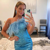 Zjkrl  -  Sequin Mini Hoco Dress Feather One-Shoulder Short Lady Formal Homecoming Party Gown Club Night Cocktail Prom Gala