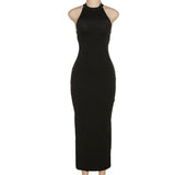 Zjkrl  -  American New Pure Desire Style Sexy Open Back Tie Waist Hanging Neck Split Long Wrapped Hip Dress