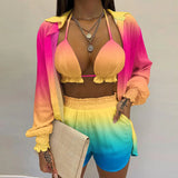 Zjkrl  -  Summer Sexy Bikini Three-piece Set Women's Printed Long Sleeve Shirt Sling Elastic Waist Shorts Beach Party