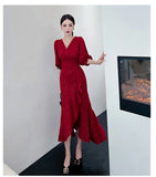 Zjkrl  -  Elegant Midi Red Mermaid Dress Women Autumn Korean Sexy V-neck Irregular Sequins Dress Vintage Casual Evening Party Dress