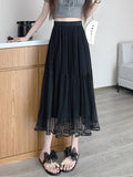 Zjkrl  -  holiday outfits Elegant Tulle Midi Skirt Women Sweet High Waist Mesh Pleated Skirts Korean Fashion Loose Cute Solid Casual A Line Skirt New