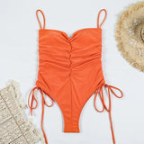 ZJKRL  -  Europe New Drawstring One-piece Swimsuit Female Solid Color Pleated Sexy Strap Bikini Ten Colors