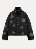 Zjkrl  -  Sequin Snowflake Print Women Jacket Fashion Full Sleeve Stand Collar Female Coat Winter Casual Warm Thicken Female Overcoat