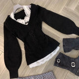 ZJKRL  -  Chic Gothic Slim Sexy Knitted Sweater Lace Patchwork Fake Two-piece Long Sleeve Slim Tops Y2k Pullover Design Streetwear V-neck