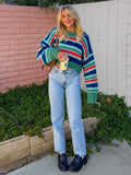 Zjkrl  -  Elegant Colorful Sweater Loose Fall/Winter Casual Short Clashing Color Stripe Knit Sweater Top A2903