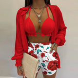 Zjkrl  -  Summer Sexy Bikini Three-piece Set Women's Printed Long Sleeve Shirt Sling Elastic Waist Shorts Beach Party