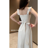 Zjkrl  -  Square Collar Slip Dress Women Summer New Slim Solid Color Backless Elegant Casual High Waist Suspender Long Dresses Ladies