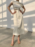 Zjkrl - Elegant White Long Dress Female Round Neck Short Sleeve High Waist Cut Out Midi Dresses For Woman Clothing Fashion