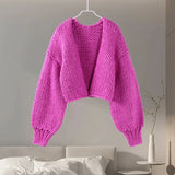 Zjkrl  -  Coarse Twist Knit Women's Cardigan Rose Loose Long Lantern Sleeve V-neck Female Short Sweater Autumn Winter Lady Knitwear