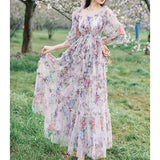 2024 New French Floral Pink Square Collar Slim Fairy Dress Aestethic Summer Party Beach Dress Elegant Long Dresses Woman Clothes