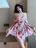 ZJKRL  -  Dresses Feminine V-neck Low Cut Floral Lace Slim Strapless Short Dress Elegant Sweet Korean Women Fairy Dress H6QB