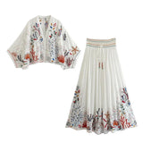 Zjkrl  -  Marine Organism Embroidery Batwing Sleeve Summer Spring Maxi Skirt Set Cotton White Tassle Dress Set Outfits Button Suit