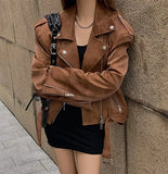 Zjkrl  -  Winter Korean Brown Leather Jacket Women Streetwear Moto Biker Zipper Leather Coat Casual Outerwear Irregular Cropped Jacket New