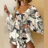 Zjkrl  -  New Summer Beach Elegant Women Dresses Sexy V Neck Lace-up Floral Print Mini Dress Casual Flared Sleeves Ladies Party Dress