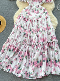 Women Chiffon Maxi Dress Summer Short Sleeve Floral Printed Elegant Party Dresses Ladies Vintage Slim A-line Beach Long Dress