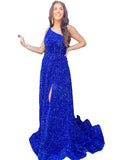 Zjkrl  -  One-Shoulder Prom Dress 2k23 High Slit Shimmer Sparkling Velvet Sequin A-Line Lady Preteen Girl Pageant Gown Formal Party Hoco