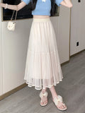 Zjkrl  -  holiday outfits Elegant Tulle Midi Skirt Women Sweet High Waist Mesh Pleated Skirts Korean Fashion Loose Cute Solid Casual A Line Skirt New