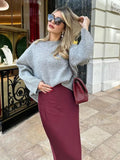 Zjkrl  -  Autumn Winter Burgundy Satin Skirt Women Party Silk Skirt High Waist Straight Long Faldas Mujer Christmas Skirt