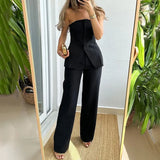 Zjkrl  -  Elegant Sleeveless Top Pants Sets Women Green Single Breasted Tops High Waist Wide Leg Pant Lady Suit Spring Two Piece Set