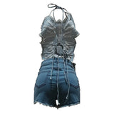 ZJKRL  -  New Denim Jeans Shorts Set Strap Sleeveless Bandage Summer Street Sexy Two 2 Piece Set Outfit Tracksuit