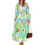 ZJKRL  -  New Autumn Long Sleeved Pleated Party Dress Casual High Waist Holiday Maxi Dress Ladies V-neck Floral Print Bohemian Dress