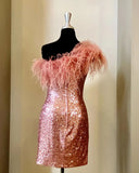 Zjkrl  -  Sequin Mini Hoco Dress Feather One-Shoulder Short Lady Formal Homecoming Party Gown Club Night Cocktail Prom Gala