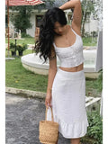 Zjkrl  -  Lace Up White 2 Pcs Outfit Women Summer Dress Set New Beach Cotton Skirt Matching Set Midi Vestido Chic Sundress