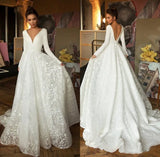 Zjkrl  -  Vintage Satin Lace Wedding Dresses Long Sleeve V-neck Backless Bridal Gowns White Vestido de Novia Elegant Open Back Long