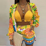 Zjkrl  -  Summer Sexy Bikini Three-piece Set Women's Printed Long Sleeve Shirt Sling Elastic Waist Shorts Beach Party