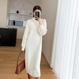 Zjkrl  -  Elegant White Knitted Long Dress Women Autumn Vintage Half High Collar Warm Sweater Dress Korean Casual Chic Evening Y2k Dress