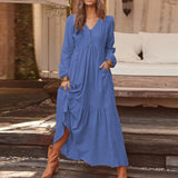 Retro Casual Loose Cotton Hemp Women Dress Button V-neck Long Sleeve Solid Color Dress Autumn Winter 2023 Elegant Party Vestidos